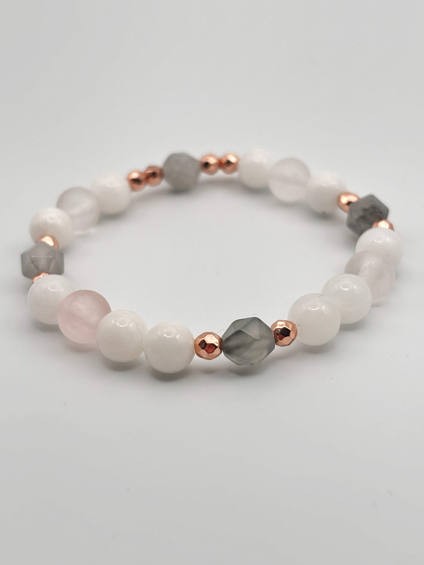 Rose Quartz, White Jade, Grey Cloudy Quartz, and Hematite Bracelet