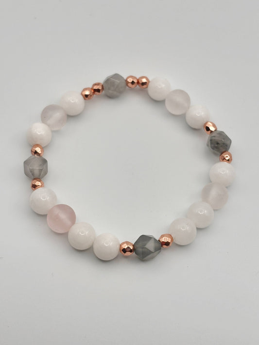 Rose Quartz, White Jade, Grey Cloudy Quartz, and Hematite Bracelet
