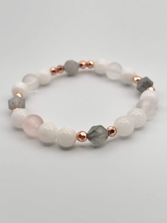 Rose Quartz, White Jade, Grey Cloudy Quartz, and Hematite Bracelet